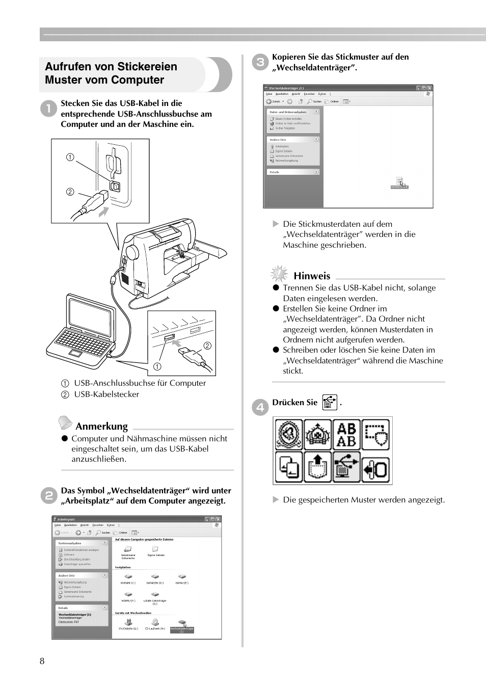 Aufrufen von stickereien muster vom computer, Anmerkung, Hinweis | Brother PE-700II User Manual | Page 10 / 40