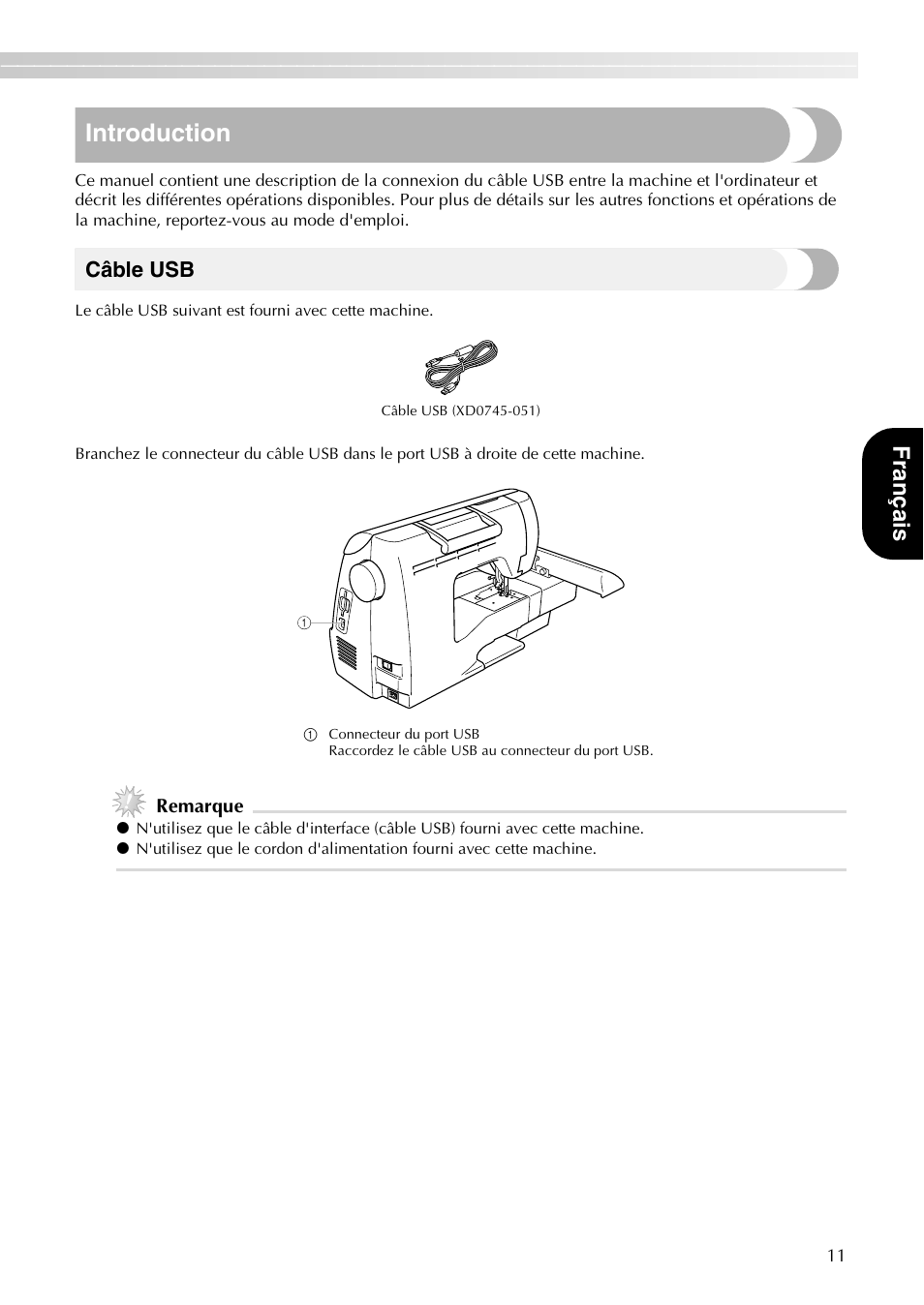 Introduction, Franç ais, Câble usb | Brother PE-700II User Manual | Page 13 / 40