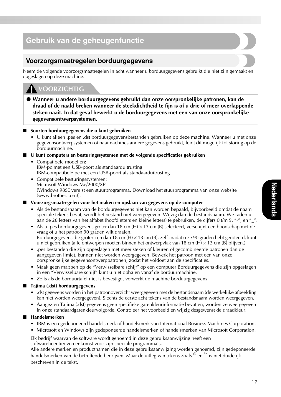 Gebruik van de geheugenfunctie, Nederlan d s, Voorzorgsmaatregelen borduurgegevens | Voorzichtig | Brother PE-700II User Manual | Page 19 / 40