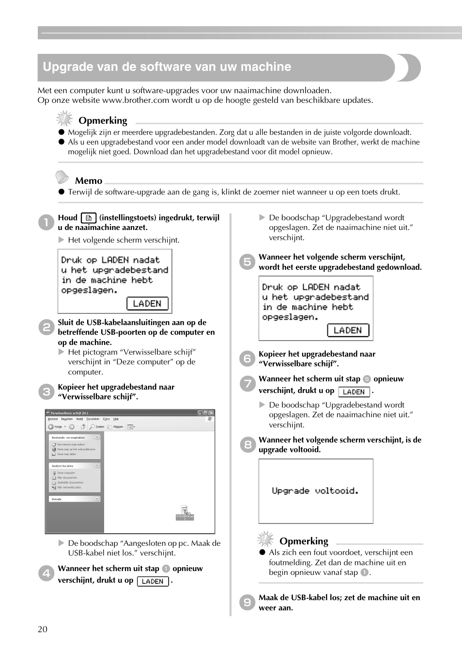 Upgrade van de software van uw machine, Opmerking | Brother PE-700II User Manual | Page 22 / 40