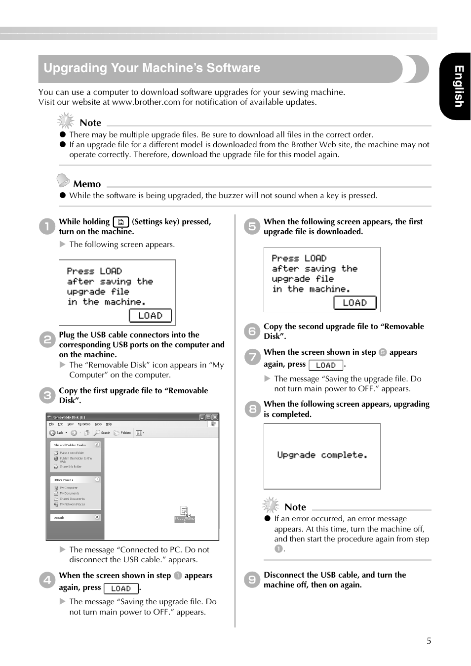 Upgrading your machine’s software, Engl ish | Brother PE-700II User Manual | Page 7 / 40