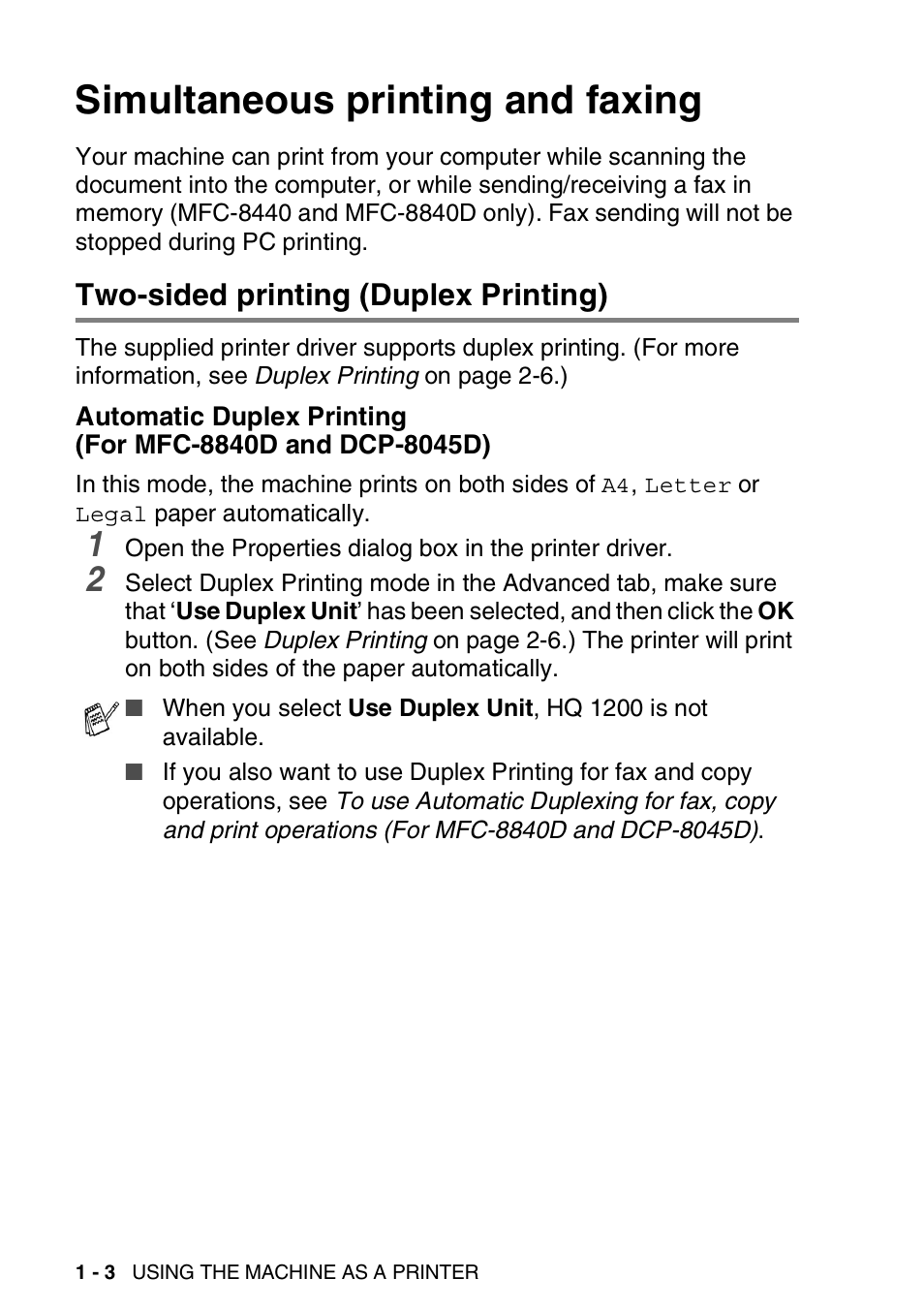 Simultaneous printing and faxing, Two-sided printing (duplex printing), Simultaneous printing and faxing -3 | Two-sided printing (duplex printing) -3, Automatic duplex printing, For mfc-8840d and dcp-8045d) -3 | Brother MFC 8840D A User Manual | Page 10 / 183