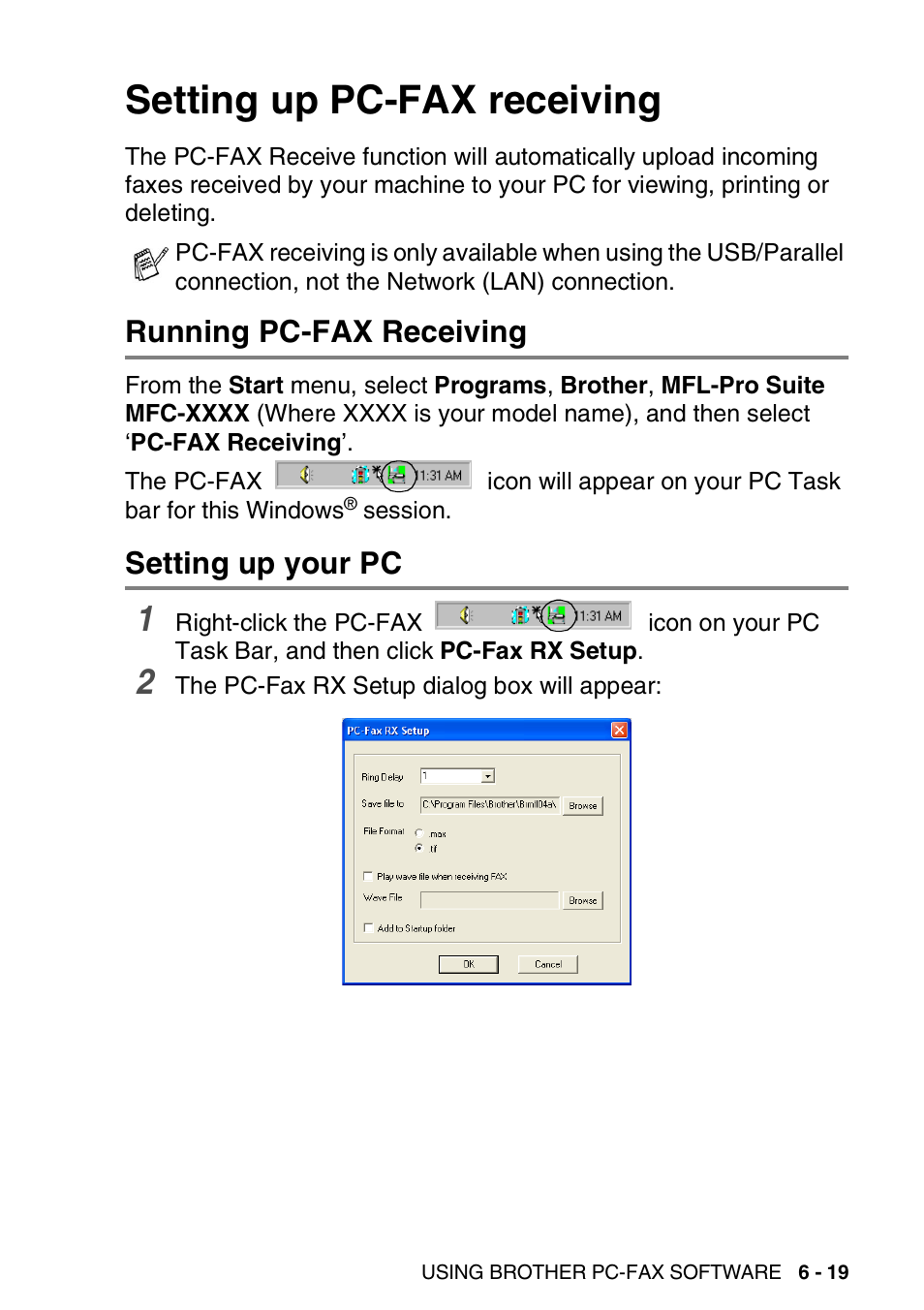Setting up pc-fax receiving, Running pc-fax receiving, Setting up your pc | Setting up pc-fax receiving -19 | Brother MFC 8840D A User Manual | Page 115 / 183