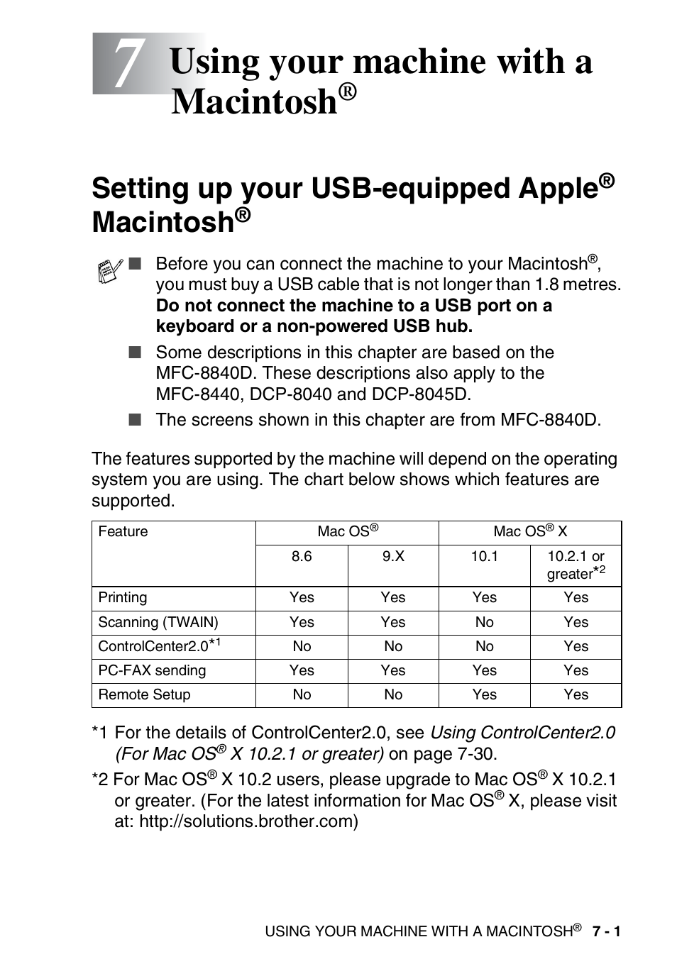 7 using your machine with a macintosh, Setting up your usb-equipped apple® macintosh, Using your machine with a macintosh | Setting up your usb-equipped apple, Macintosh | Brother MFC 8840D A User Manual | Page 117 / 183