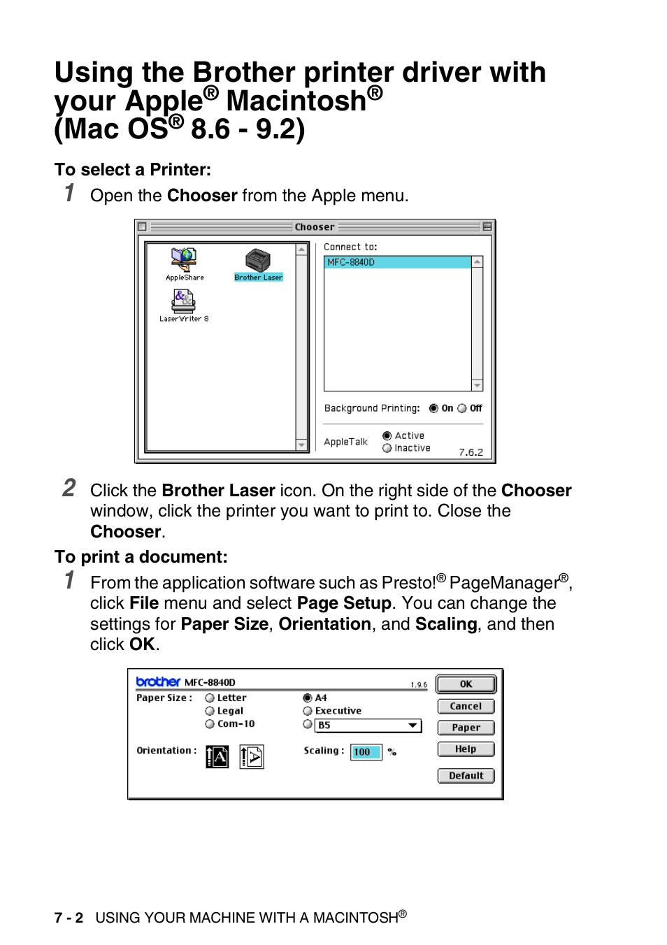 Using the brother printer driver with your apple, Macintosh, Mac os | Brother MFC 8840D A User Manual | Page 118 / 183