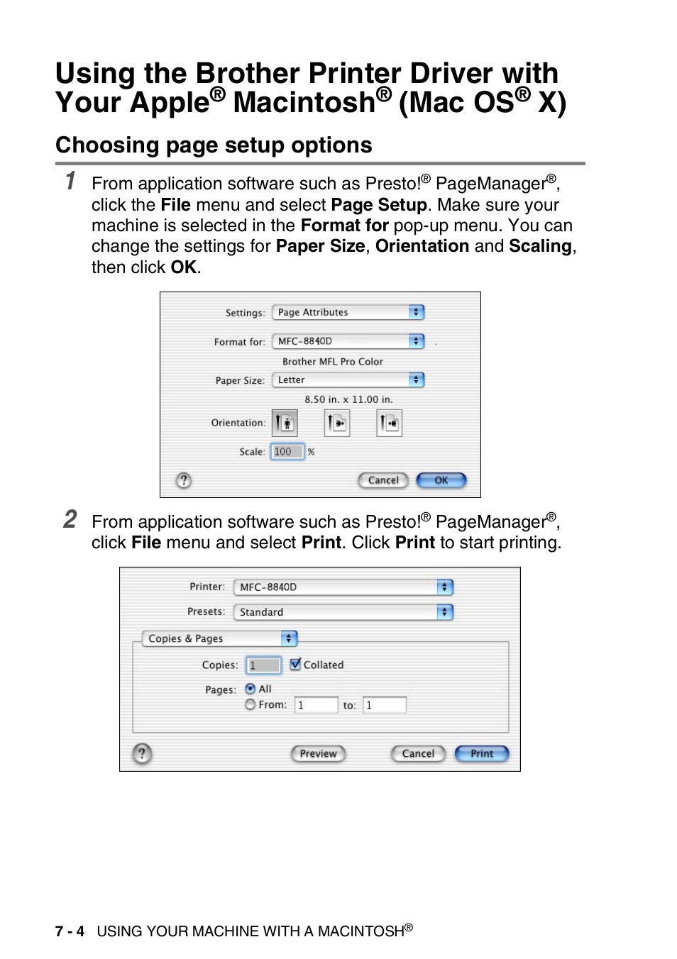 Using the brother printer driver with your apple, Macintosh, Mac os | X) -4, Choosing page setup options | Brother MFC 8840D A User Manual | Page 120 / 183