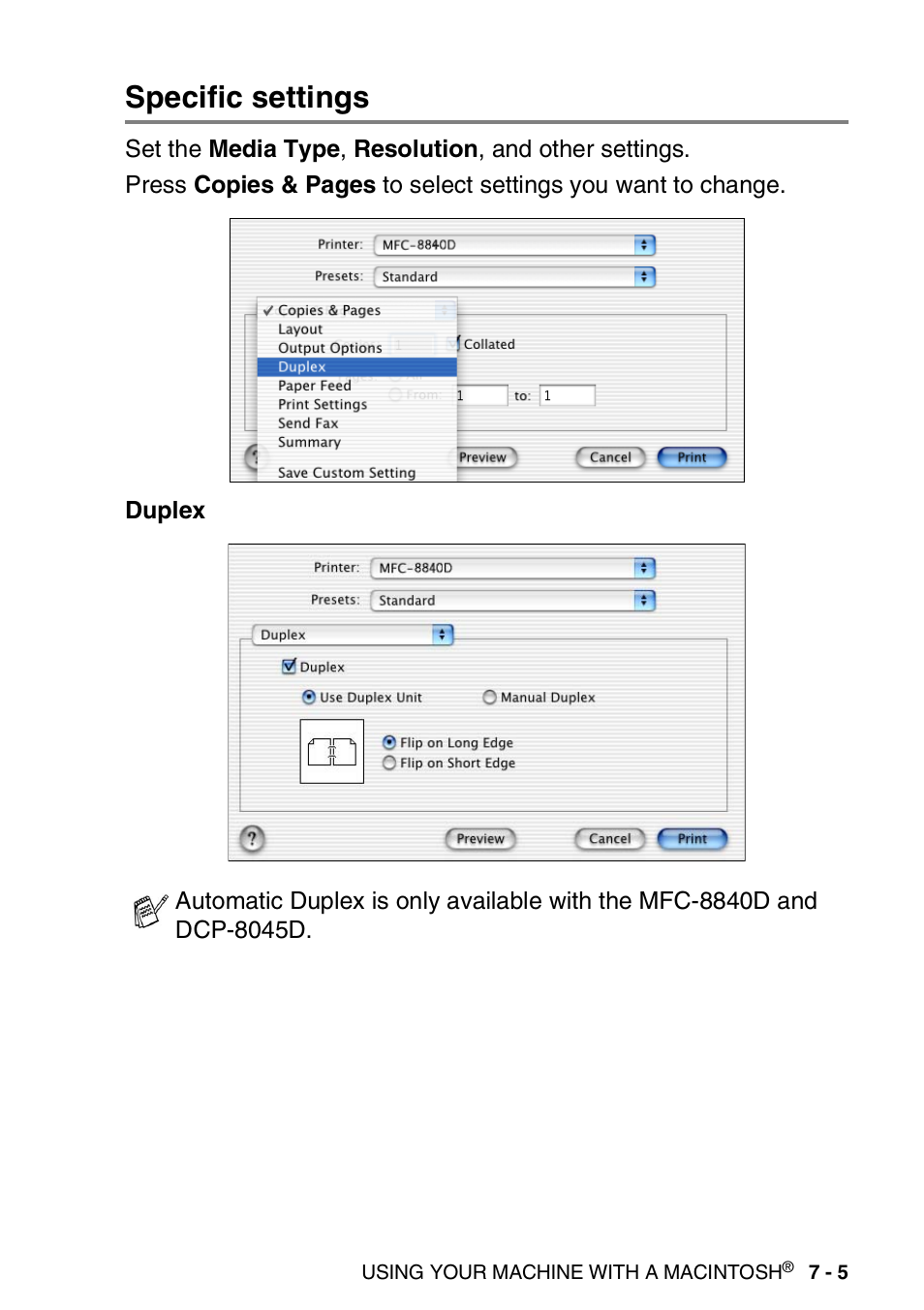 Specific settings, Specific settings -5 | Brother MFC 8840D A User Manual | Page 121 / 183