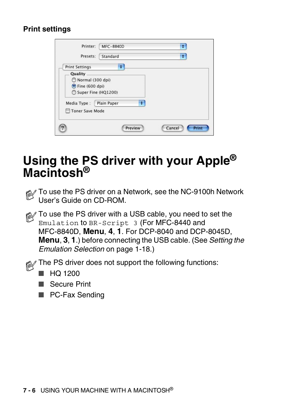 Using the ps driver with your apple® macintosh, Using the ps driver with your apple, Macintosh | Brother MFC 8840D A User Manual | Page 122 / 183