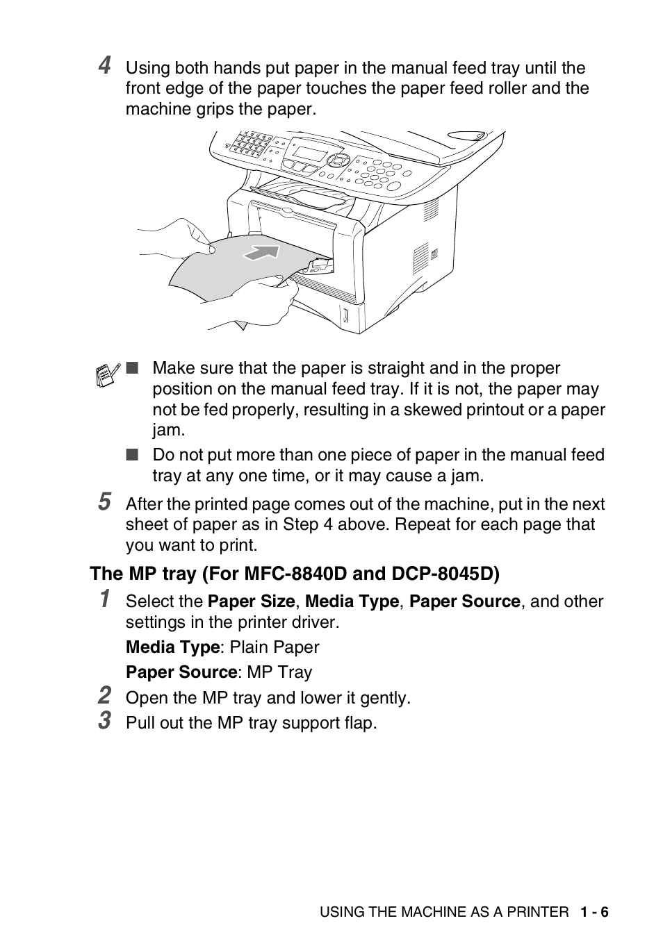 The mp tray (for mfc-8840d and dcp-8045d), The mp tray, For mfc-8840d and dcp-8045d) -6 | Brother MFC 8840D A User Manual | Page 13 / 183