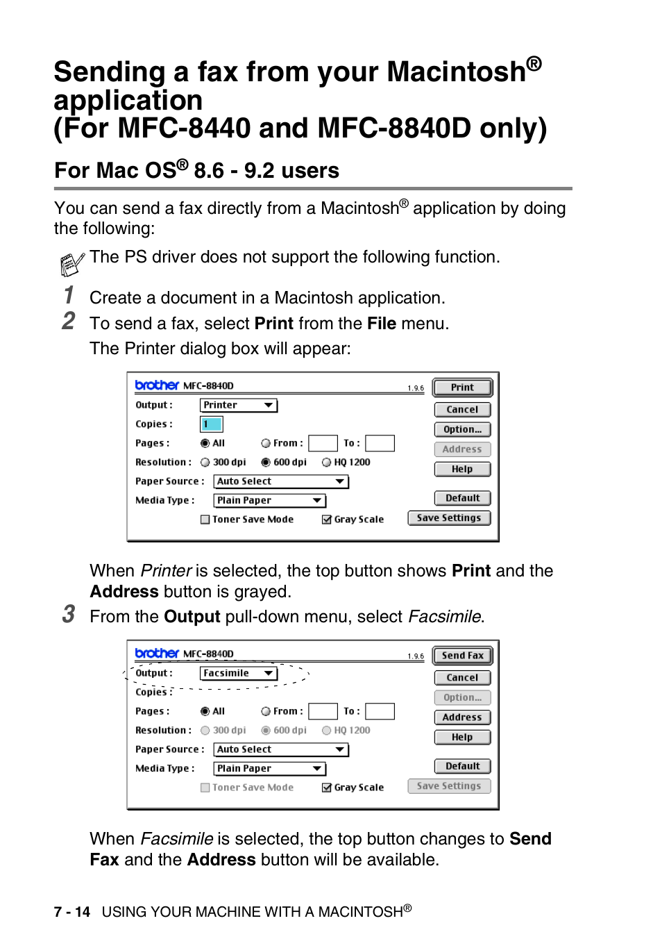 For mac os® 8.6 - 9.2 users, Sending a fax from your macintosh, Application | For mfc-8440 and mfc-8840d only) -14, For mac os, 6 - 9.2 users -14 | Brother MFC 8840D A User Manual | Page 130 / 183