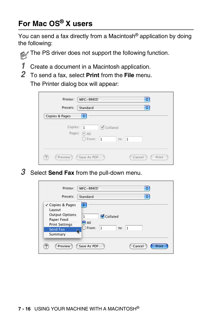 For mac os® x users, For mac os, X users -16 | X users | Brother MFC 8840D A User Manual | Page 132 / 183