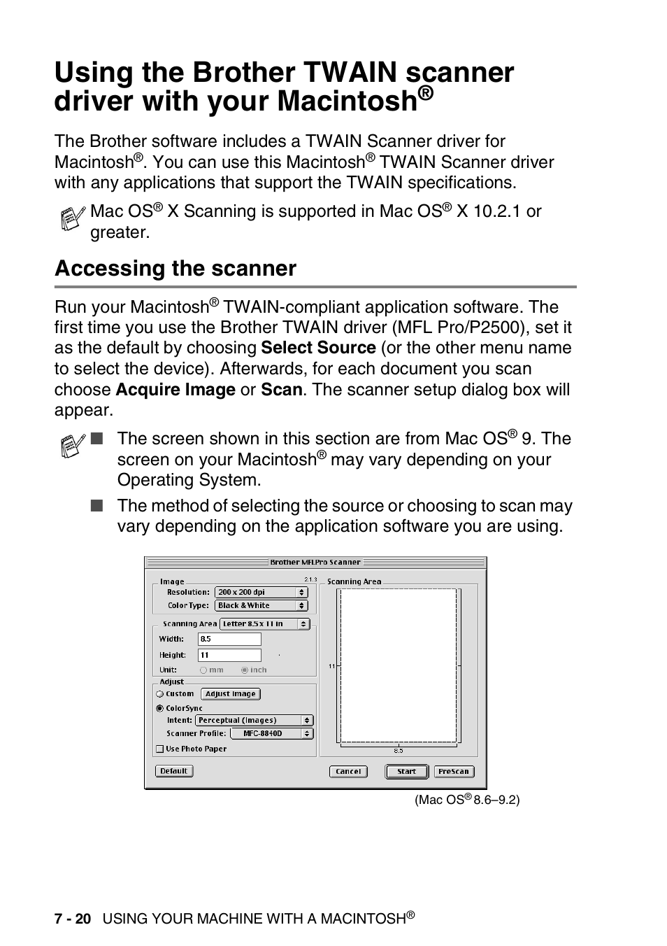 Accessing the scanner, Using the brother twain scanner driver with your, Macintosh | Accessing the scanner -20 | Brother MFC 8840D A User Manual | Page 136 / 183