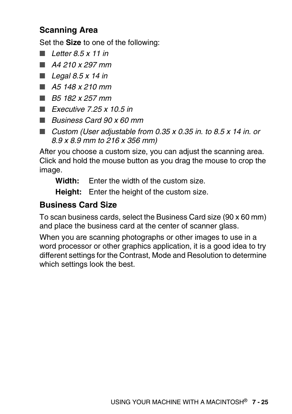 Scanning area, Business card size, Scanning area -25 business card size -25 | Brother MFC 8840D A User Manual | Page 141 / 183