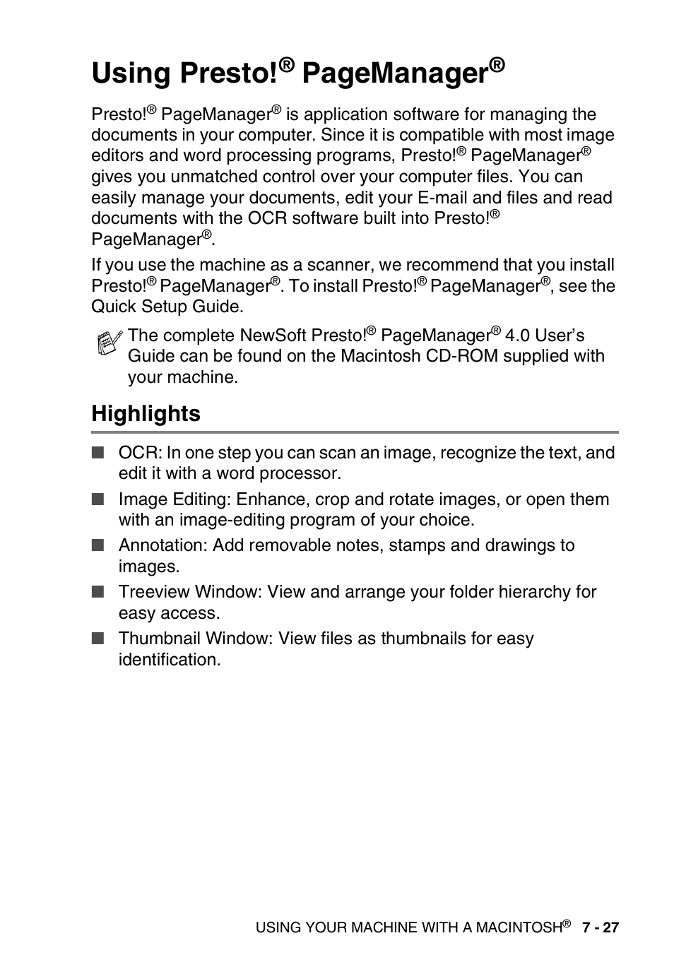 Highlights, Using presto, Highlights -27 | Pagemanager | Brother MFC 8840D A User Manual | Page 143 / 183