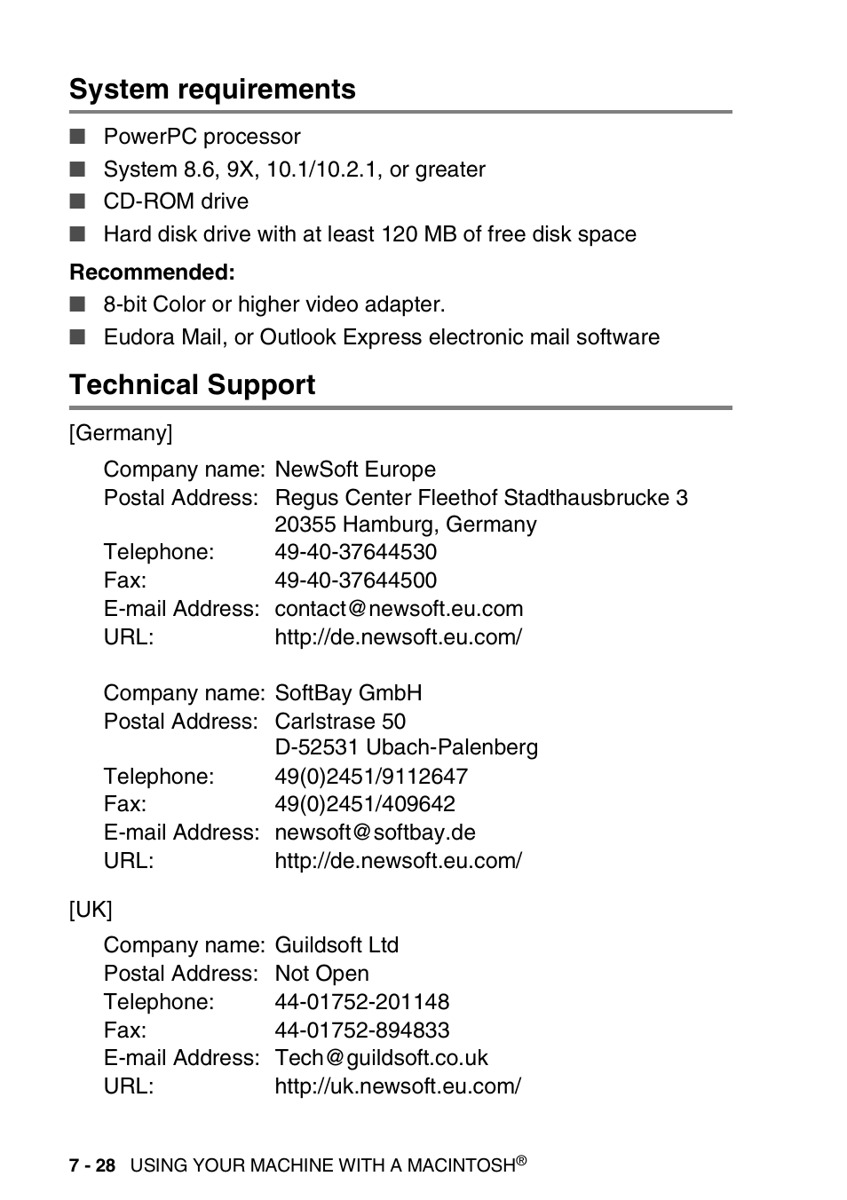 System requirements, Technical support, System requirements -28 technical support -28 | Brother MFC 8840D A User Manual | Page 144 / 183
