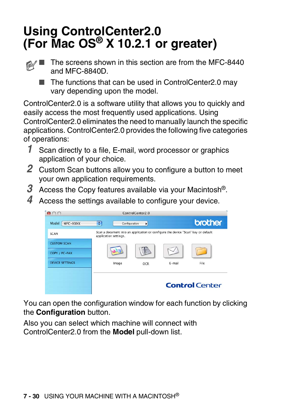 Using controlcenter2.0, For mac os, X 10.2.1 or greater) -30 | See using controlcenter2.0 (for mac os, See using controlcenter2.0, Using controlcenter2.0 (for mac os, X 10.2.1 or greater) | Brother MFC 8840D A User Manual | Page 146 / 183