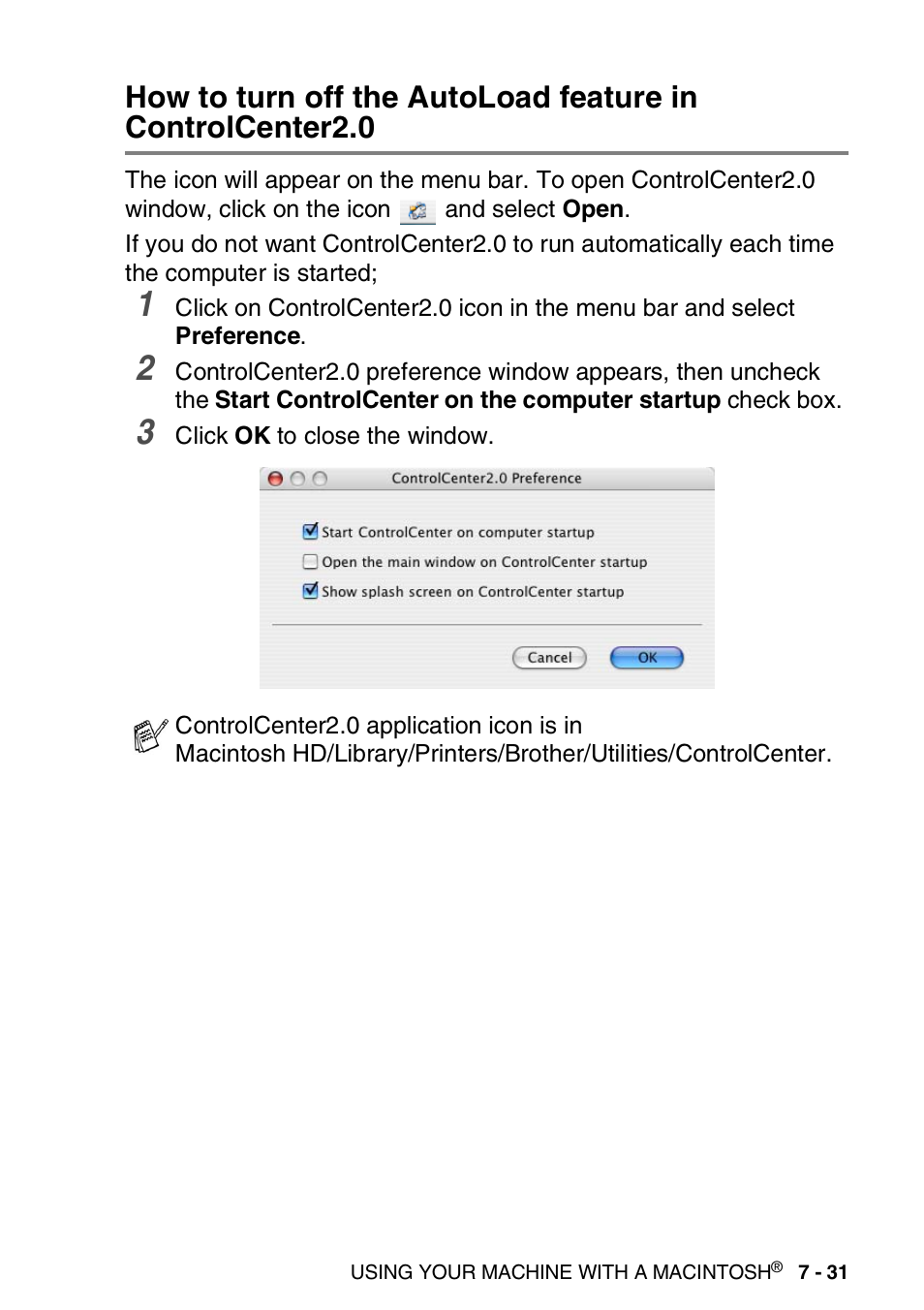 How to turn off the autoload feature in, Controlcenter2.0 -31 | Brother MFC 8840D A User Manual | Page 147 / 183