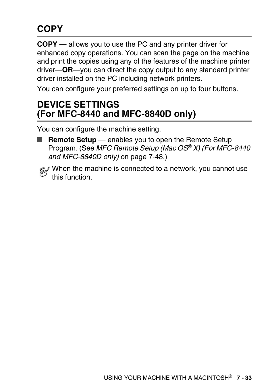 Copy, Device settings (for mfc-8440 and mfc-8840d only), Copy -33 device settings | For mfc-8440 and mfc-8840d only) -33 | Brother MFC 8840D A User Manual | Page 149 / 183