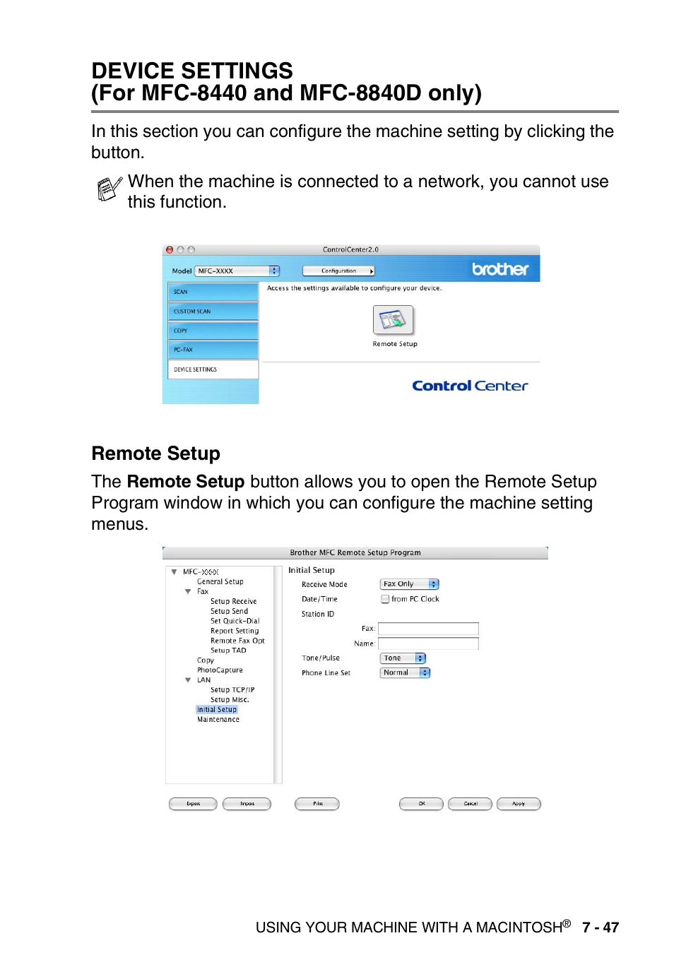 Device settings (for mfc-8440 and mfc-8840d only), Remote setup, Device settings | Brother MFC 8840D A User Manual | Page 163 / 183