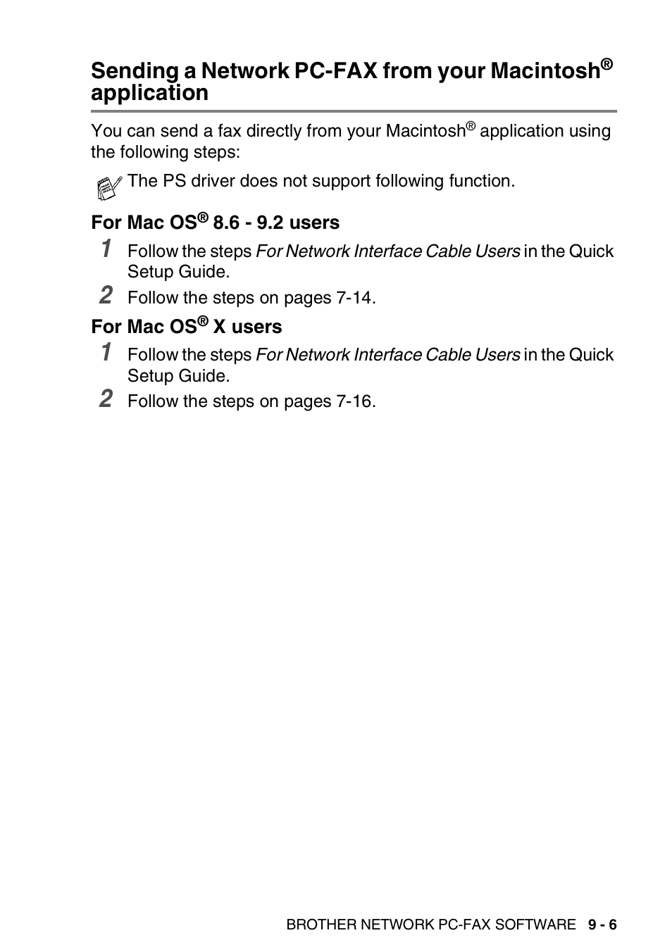 For mac os® 8.6 - 9.2 users, For mac os® x users, Sending a network pc-fax from your macintosh | Application -6 for mac os, 6 - 9.2 users -6, For mac os, X users -6, Application | Brother MFC 8840D A User Manual | Page 181 / 183