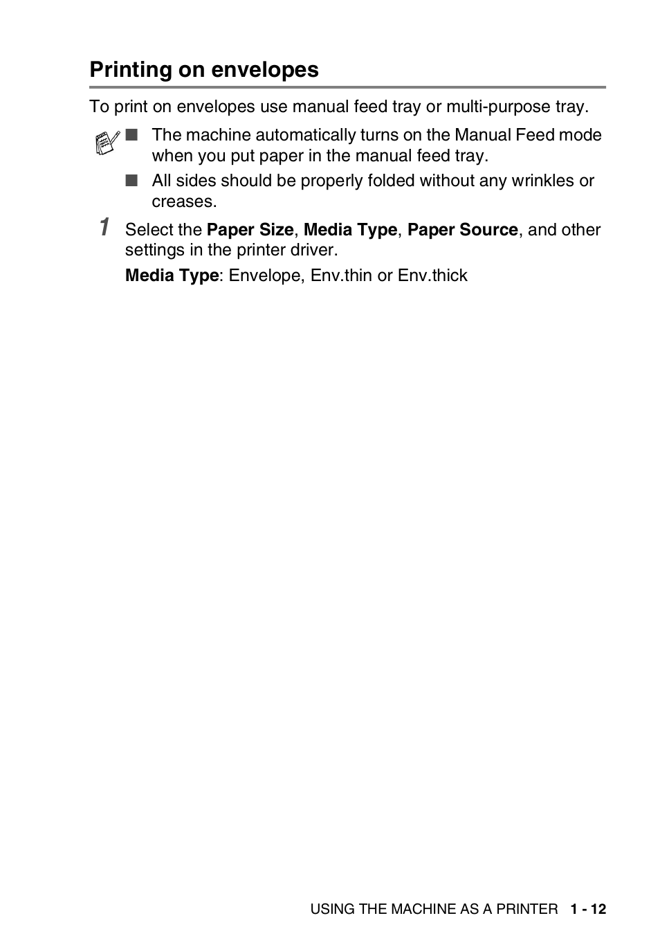 Printing on envelopes, Printing on envelopes -12 | Brother MFC 8840D A User Manual | Page 19 / 183