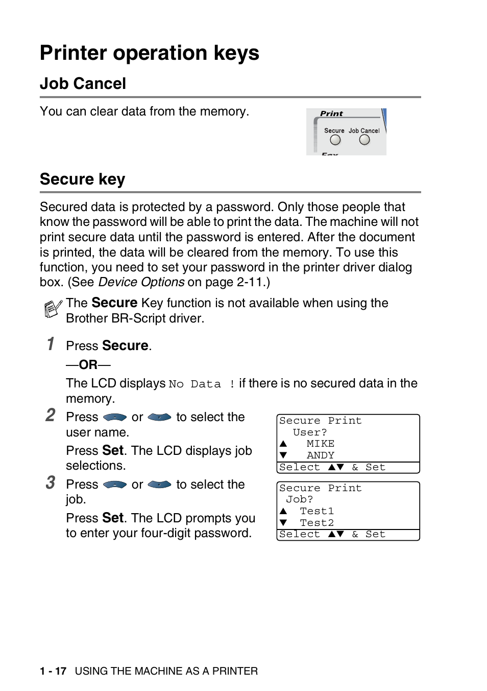 Printer operation keys, Job cancel, Secure key | Printer operation keys -17, Job cancel -17 secure key -17 | Brother MFC 8840D A User Manual | Page 24 / 183