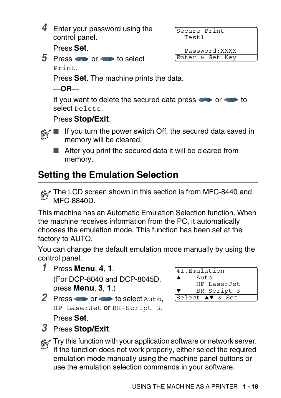 Setting the emulation selection, Setting the emulation selection -18 | Brother MFC 8840D A User Manual | Page 25 / 183