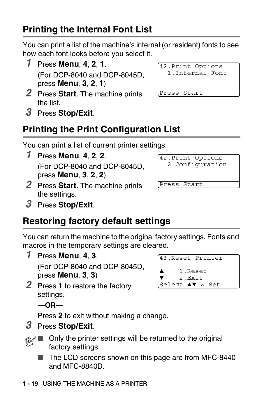Printing the internal font list, Printing the print configuration list, Restoring factory default settings | Brother MFC 8840D A User Manual | Page 26 / 183