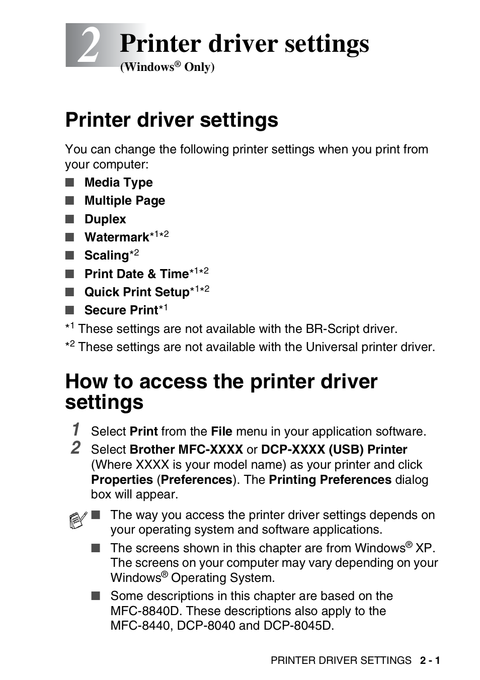 2 printer driver settings (windows® only), Printer driver settings, How to access the printer driver settings | Printer driver settings (windows, Only) -1 | Brother MFC 8840D A User Manual | Page 27 / 183
