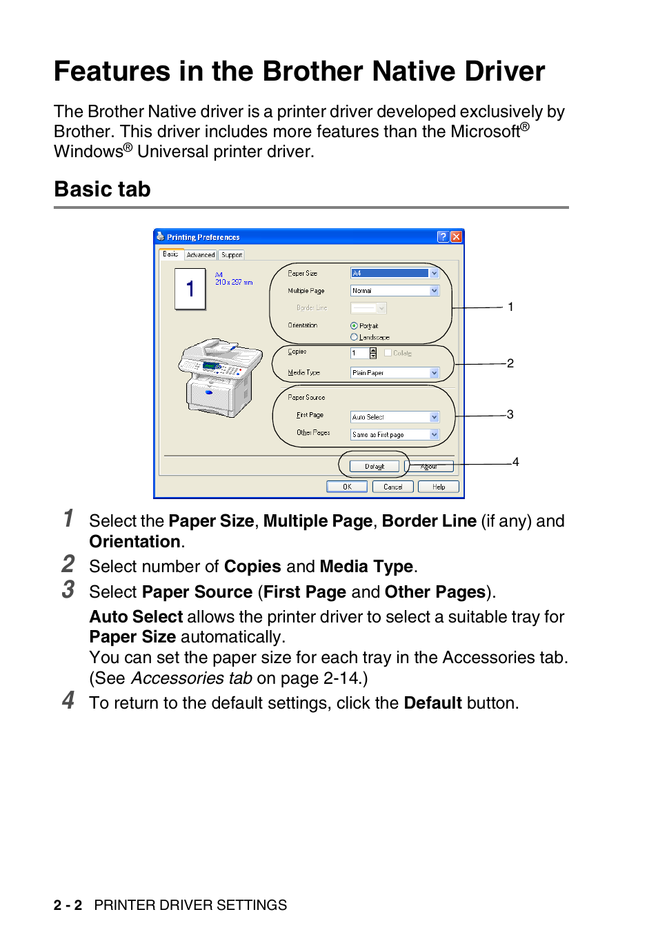 Features in the brother native driver, Basic tab, Features in the brother native driver -2 | Basic tab -2 | Brother MFC 8840D A User Manual | Page 28 / 183