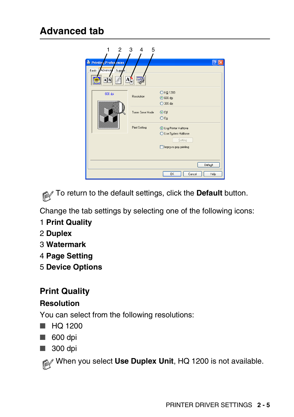 Advanced tab, Print quality, Advanced tab -5 | Print quality -5 | Brother MFC 8840D A User Manual | Page 31 / 183