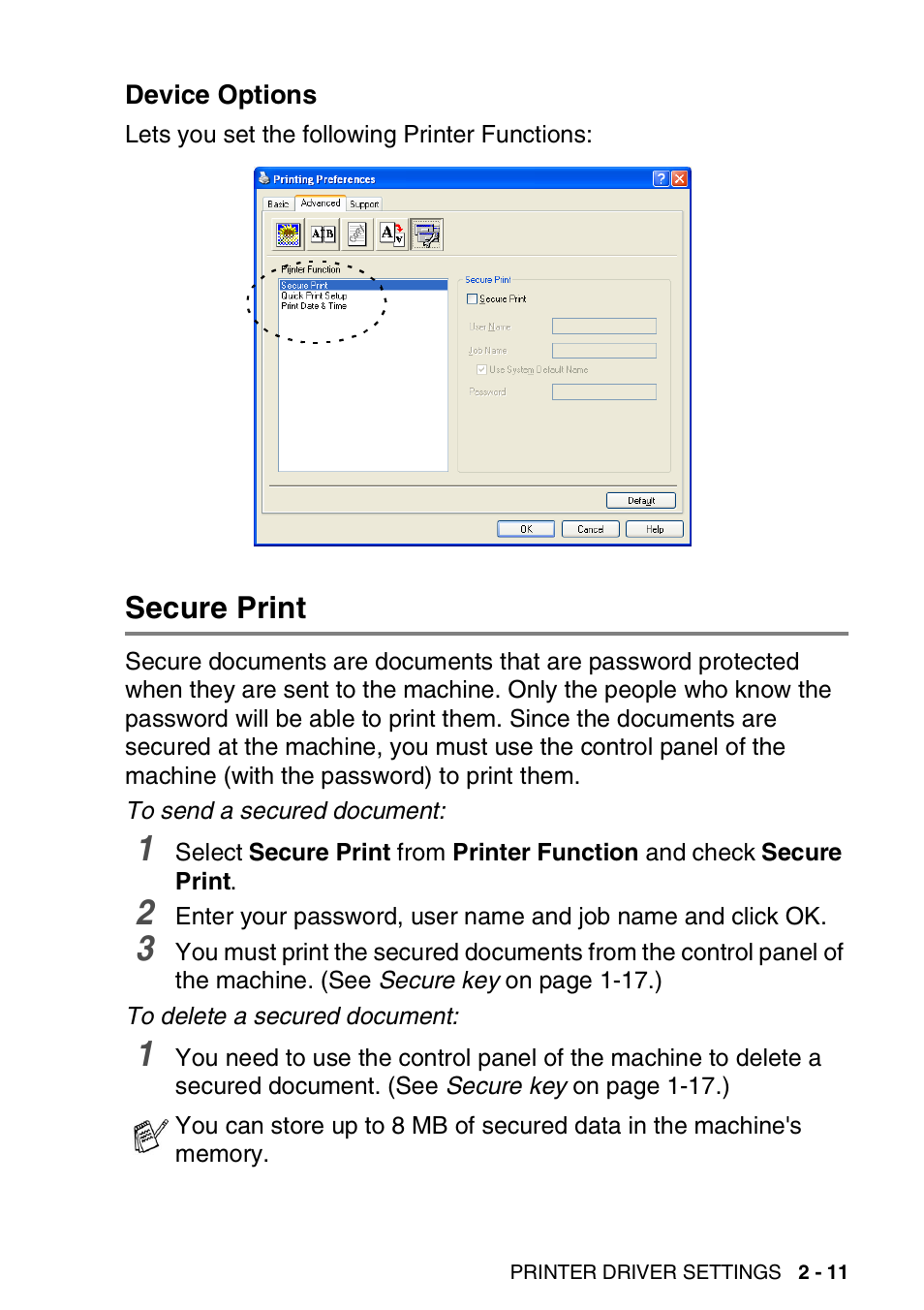 Device options, Secure print, Device options -11 | Secure print -11 | Brother MFC 8840D A User Manual | Page 37 / 183