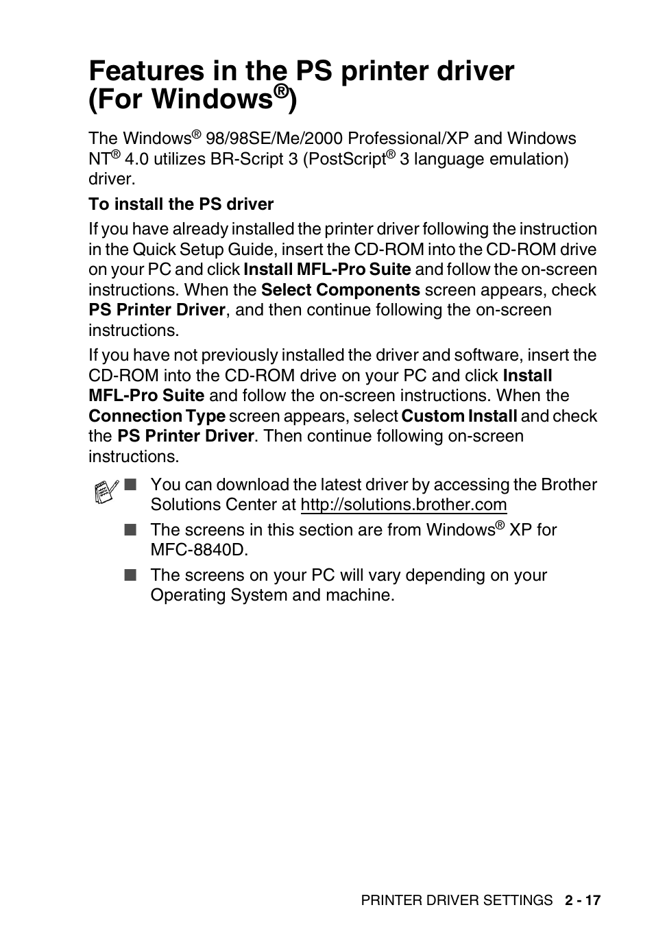 Features in the ps printer driver (for windows®), Features in the ps printer driver (for windows | Brother MFC 8840D A User Manual | Page 43 / 183