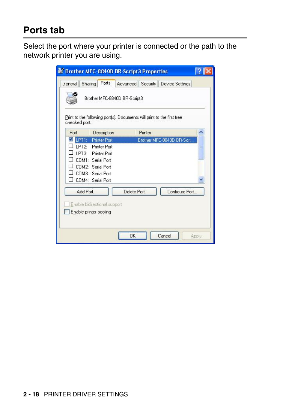 Ports tab, Ports tab -18 | Brother MFC 8840D A User Manual | Page 44 / 183