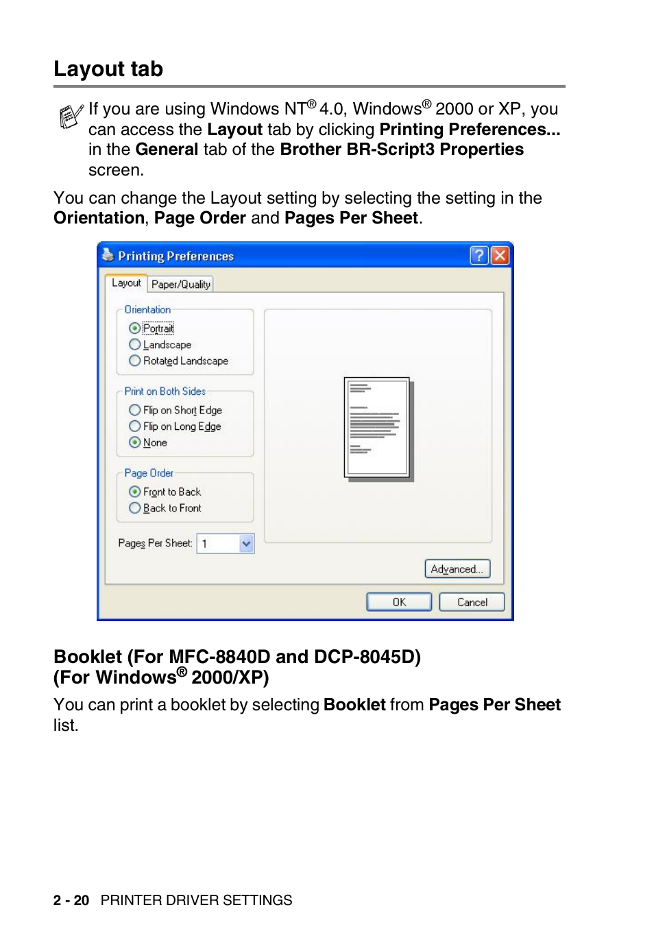 Layout tab, Layout tab -20, Booklet (for mfc-8840d and dcp-8045d) | For windows, 2000/xp) -20 | Brother MFC 8840D A User Manual | Page 46 / 183
