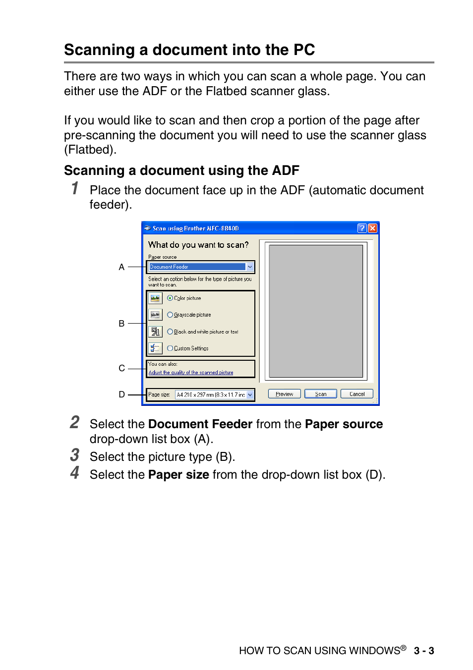 Scanning a document into the pc, Scanning a document using the adf, Scanning a document into the pc -3 | Scanning a document using the adf -3 | Brother MFC 8840D A User Manual | Page 51 / 183
