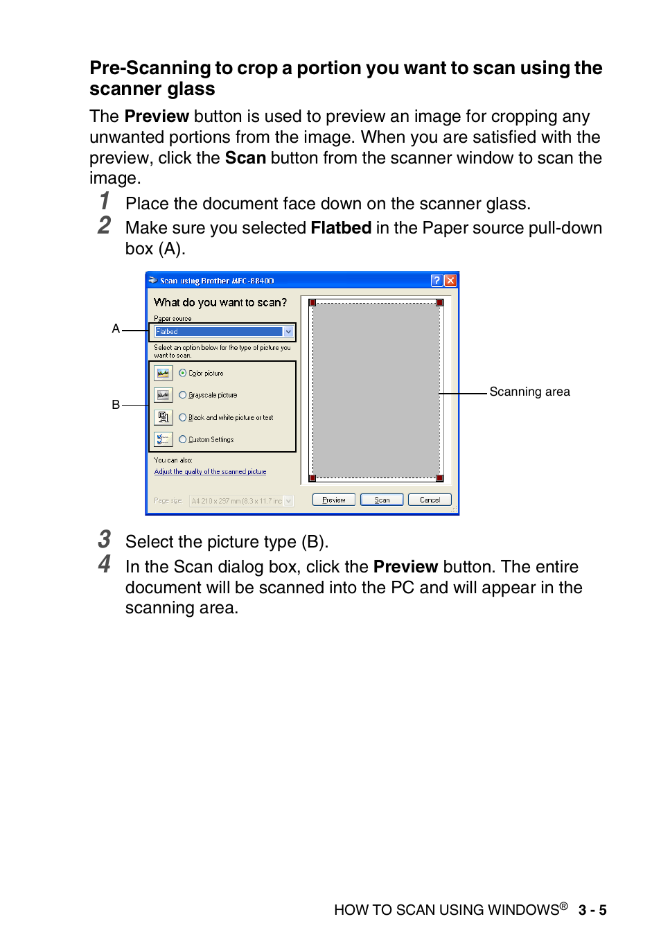 Pre-scanning to crop a portion you want to, Scan using the scanner glass -5 | Brother MFC 8840D A User Manual | Page 53 / 183