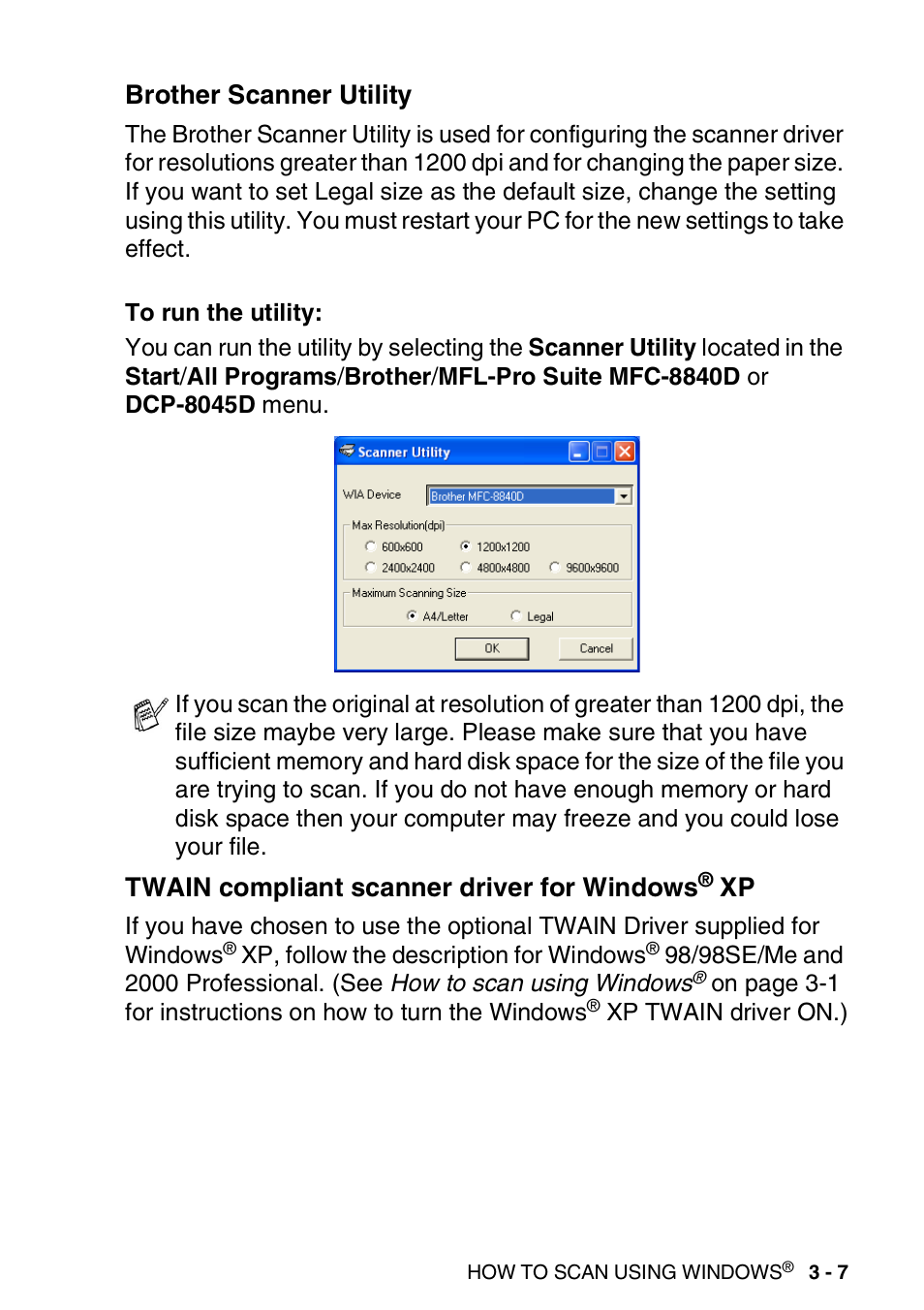 Brother scanner utility, Twain compliant scanner driver for windows® xp, Windows | Xp -7, Twain compliant scanner driver for windows | Brother MFC 8840D A User Manual | Page 55 / 183