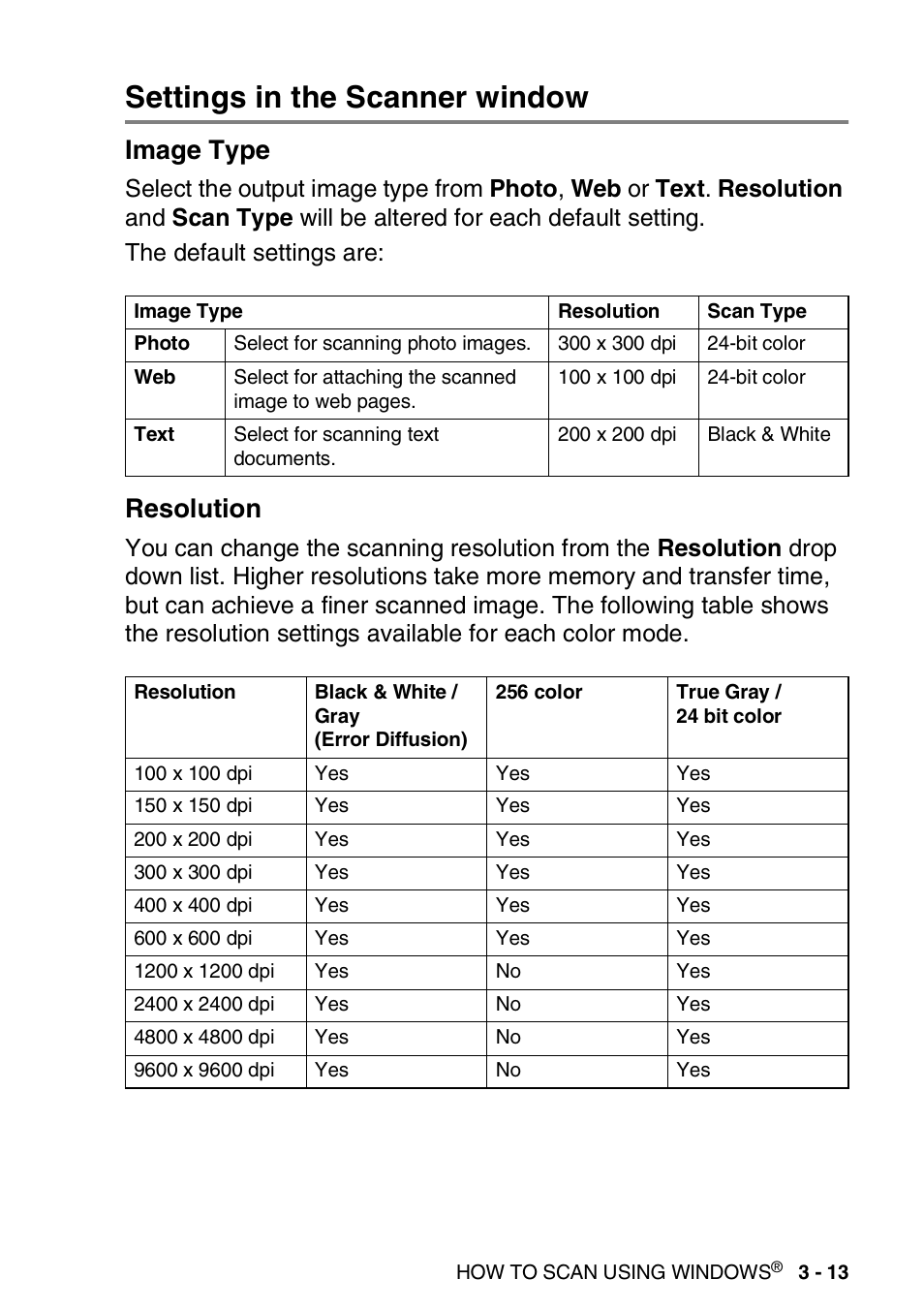 Settings in the scanner window, Image type, Resolution | Settings in the scanner window -13, Image type -13 resolution -13 | Brother MFC 8840D A User Manual | Page 61 / 183