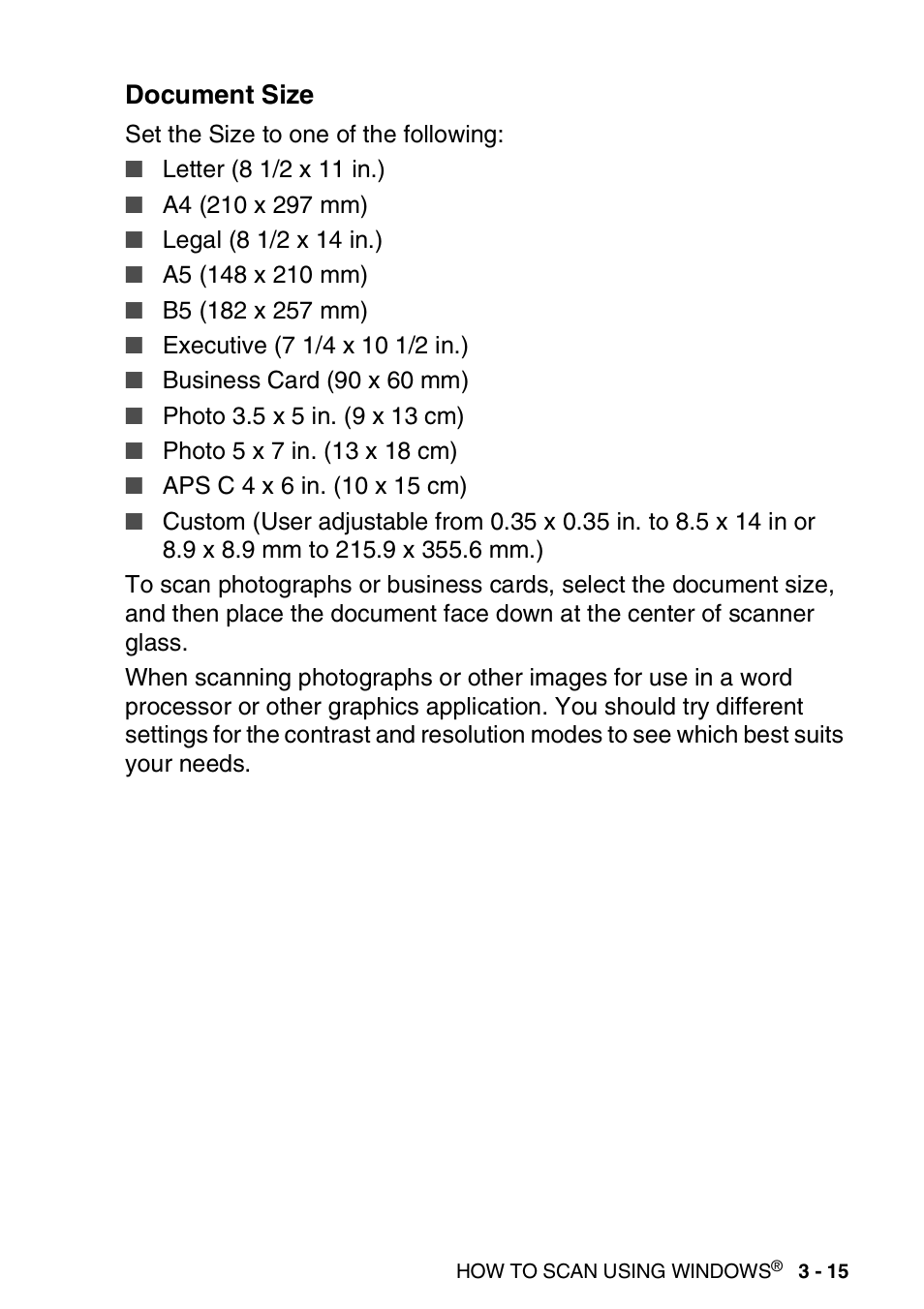 Document size, Document size -15 | Brother MFC 8840D A User Manual | Page 63 / 183