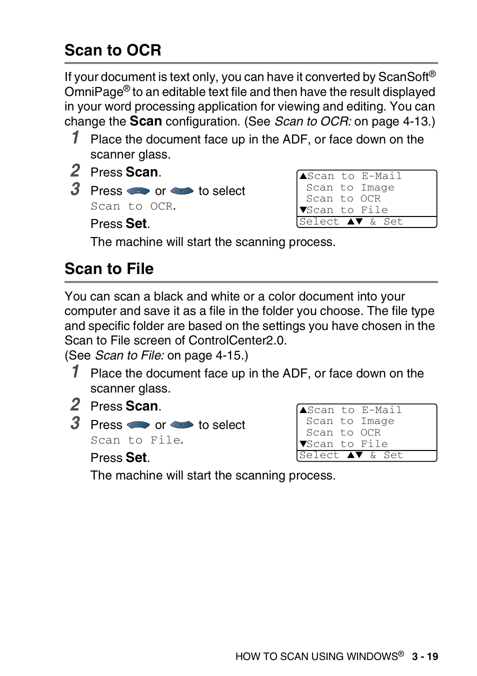 Scan to ocr, Scan to file, Scan to ocr -19 scan to file -19 | Brother MFC 8840D A User Manual | Page 67 / 183