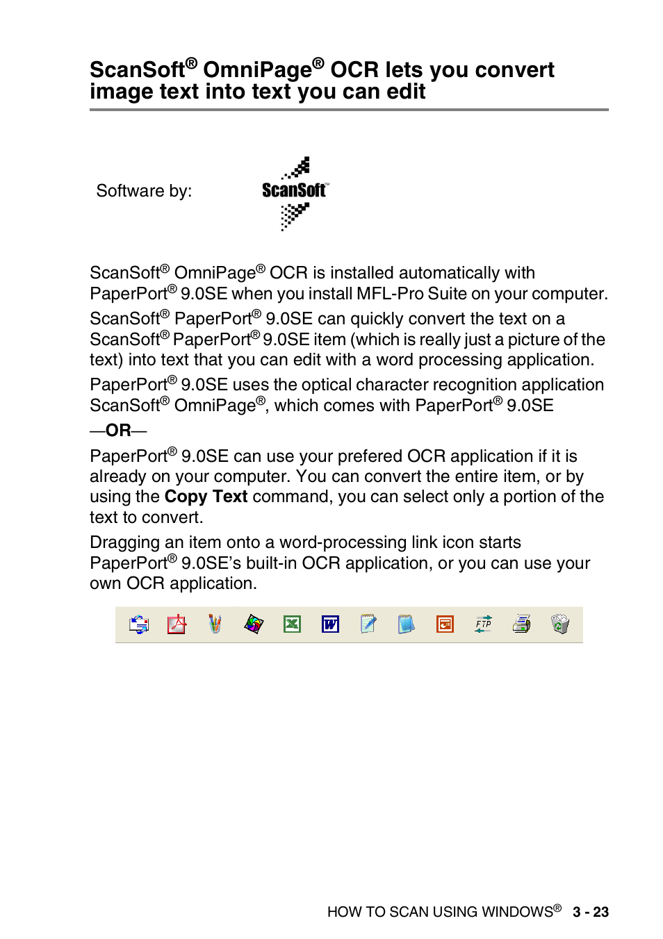 Scansoft, Ocr lets you convert, Image text into text you can edit -23 | Omnipage | Brother MFC 8840D A User Manual | Page 71 / 183