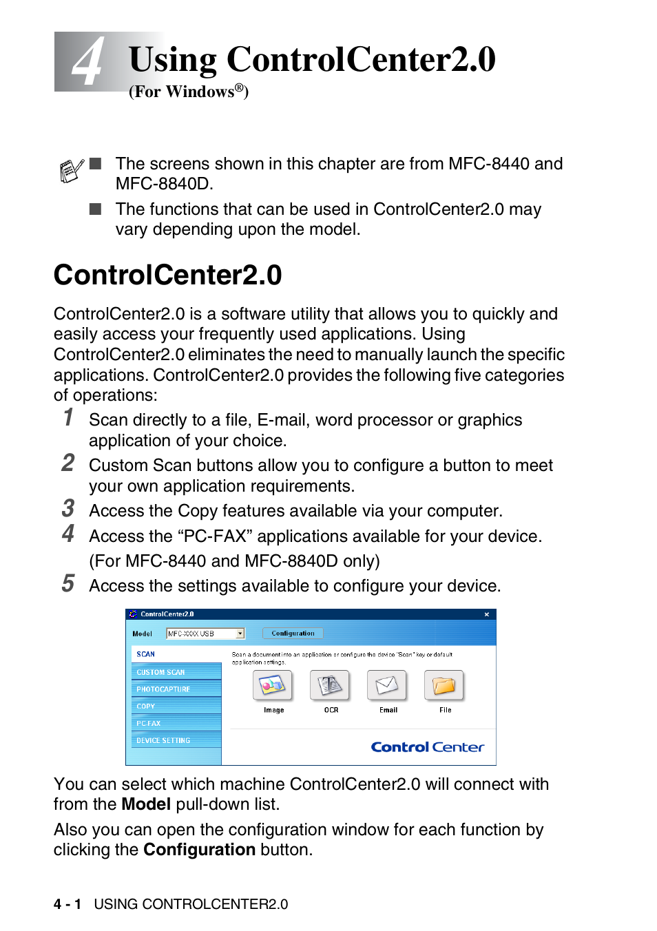 4 using controlcenter2.0 (for windows®), Controlcenter2.0, Using controlcenter2.0 (for windows | Controlcenter2.0 -1, Using controlcenter2.0 | Brother MFC 8840D A User Manual | Page 74 / 183