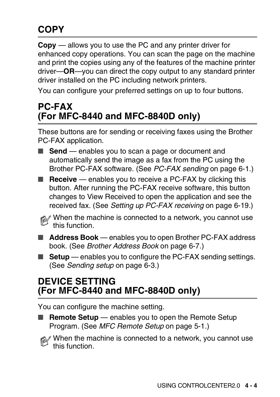 Copy, Pc-fax (for mfc-8440 and mfc-8840d only), Device setting (for mfc-8440 and mfc-8840d only) | Copy -4 pc-fax, For mfc-8440 and mfc-8840d only) -4, Device setting | Brother MFC 8840D A User Manual | Page 77 / 183