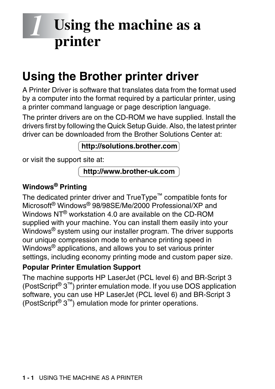 1 using the machine as a printer, Using the brother printer driver, Using the machine as a printer -1 | Using the brother printer driver -1, Using the machine as a printer | Brother MFC 8840D A User Manual | Page 8 / 183