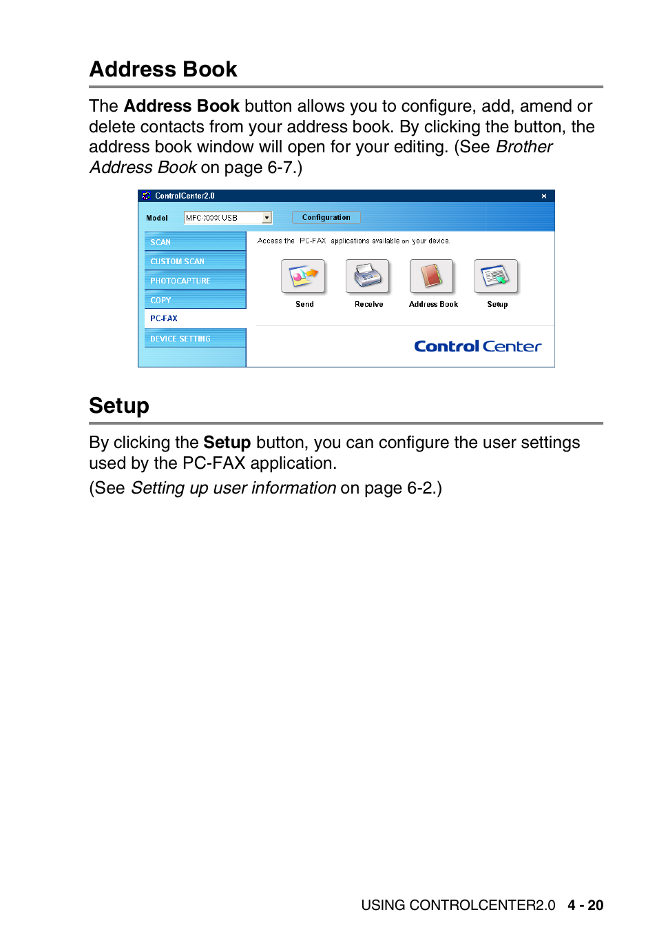 Address book, Setup, Address book -20 | Setup -20 | Brother MFC 8840D A User Manual | Page 93 / 183