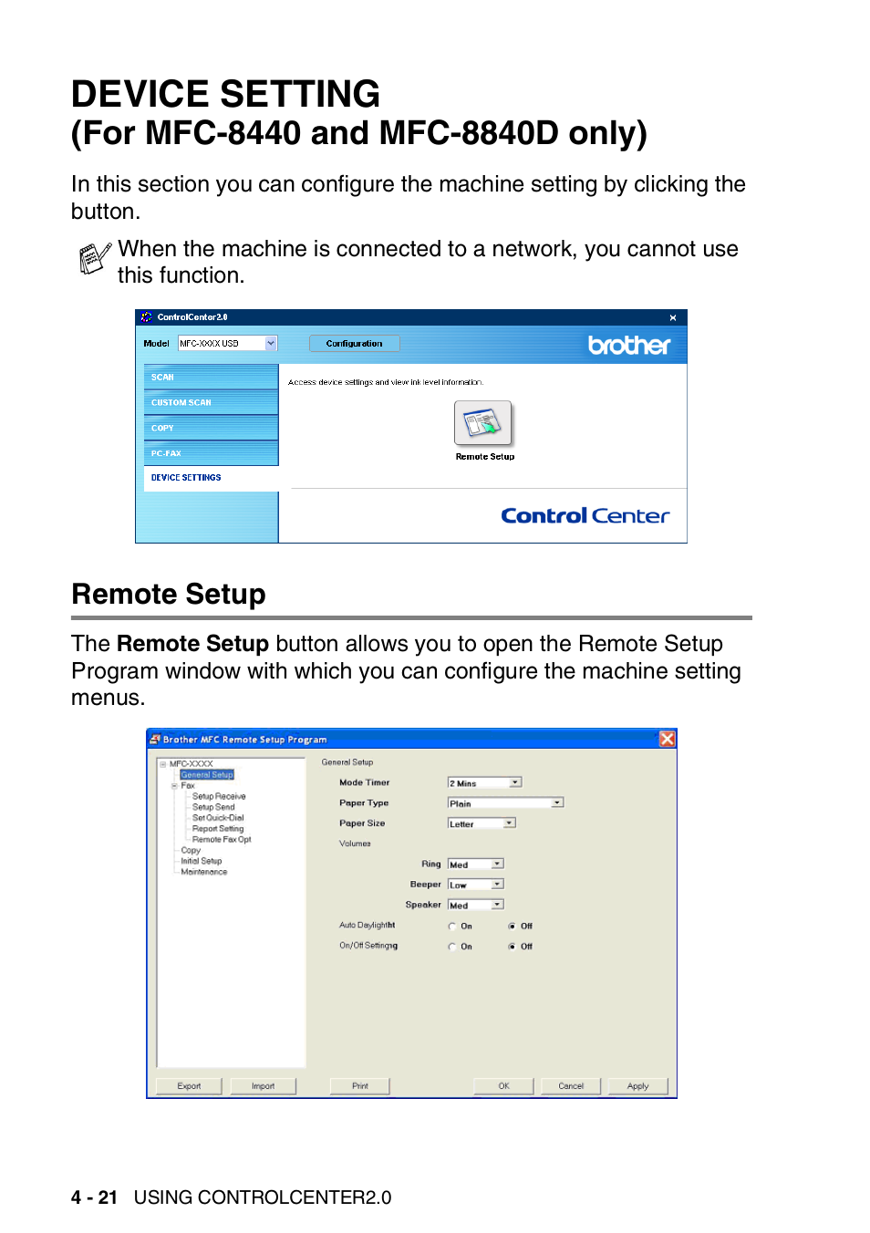 Device setting (for mfc-8440 and mfc-8840d only), Remote setup, Device setting | For mfc-8440 and mfc-8840d only) -21, Remote setup -21 | Brother MFC 8840D A User Manual | Page 94 / 183
