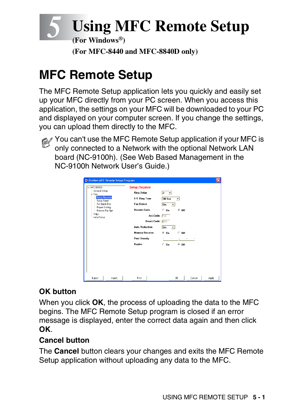 Mfc remote setup, Using mfc remote setup (for windows, For mfc-8440 and mfc-8840d only) -1 | Mfc remote setup -1, Using mfc remote setup | Brother MFC 8840D A User Manual | Page 95 / 183