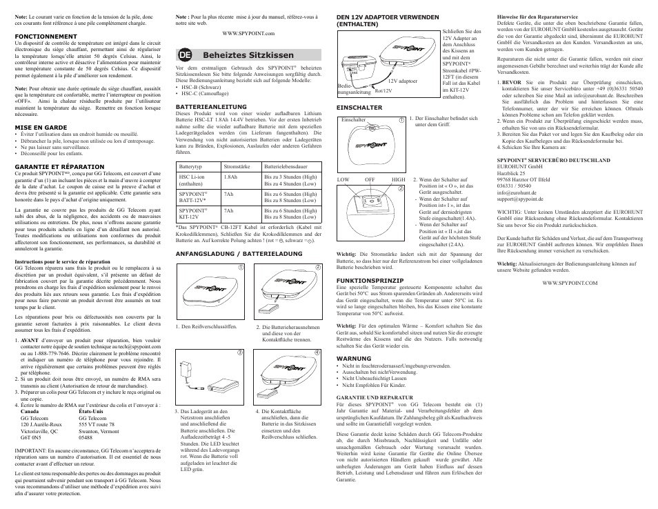 Beheiztes sitzkissen | SPYPOINT HSC User Manual | Page 2 / 2