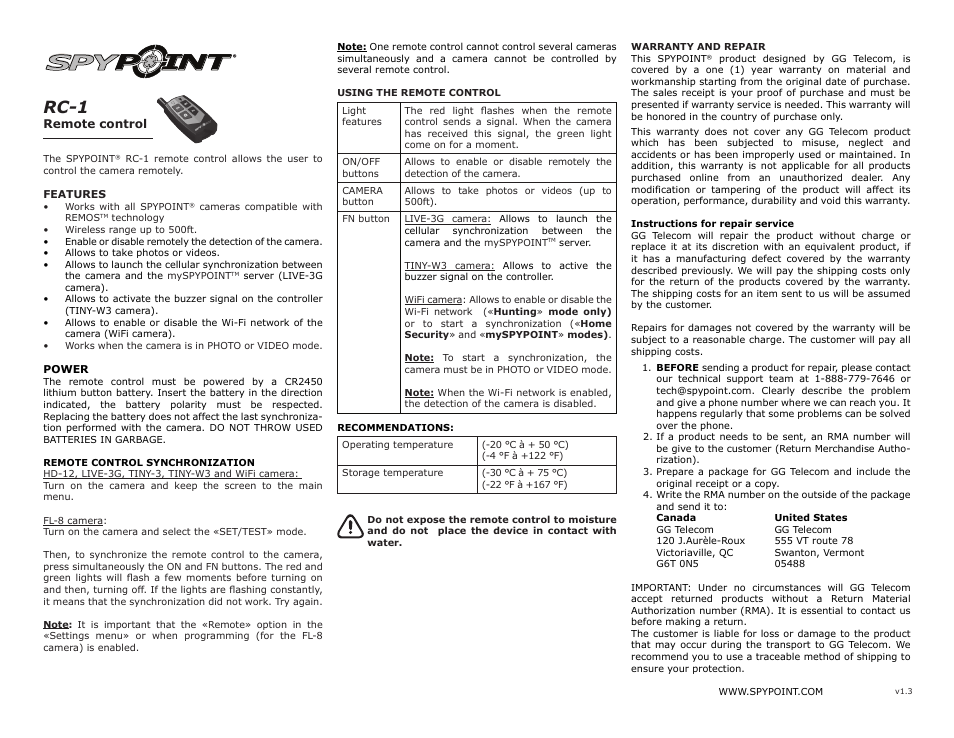SPYPOINT RC-1 User Manual | 3 pages